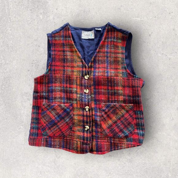 Vintage 90's Plaid Button Up Wool Vest Vision I Womens Large Grandmacore Cottage - Picture 1 of 4